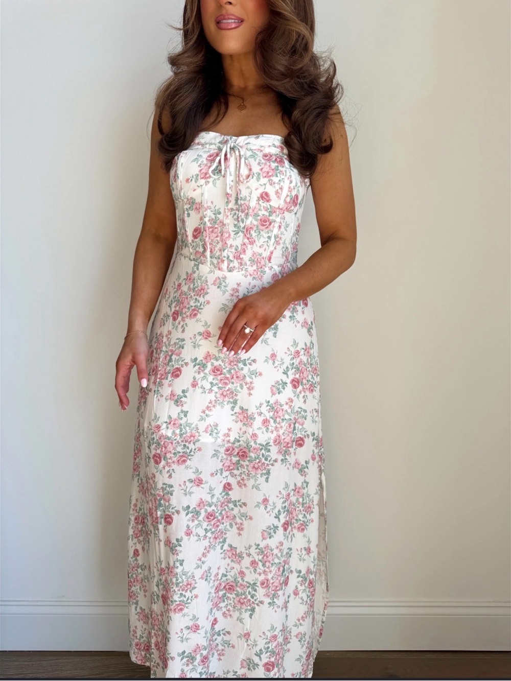 White Maxi Slip Dress with Pink Floral Print